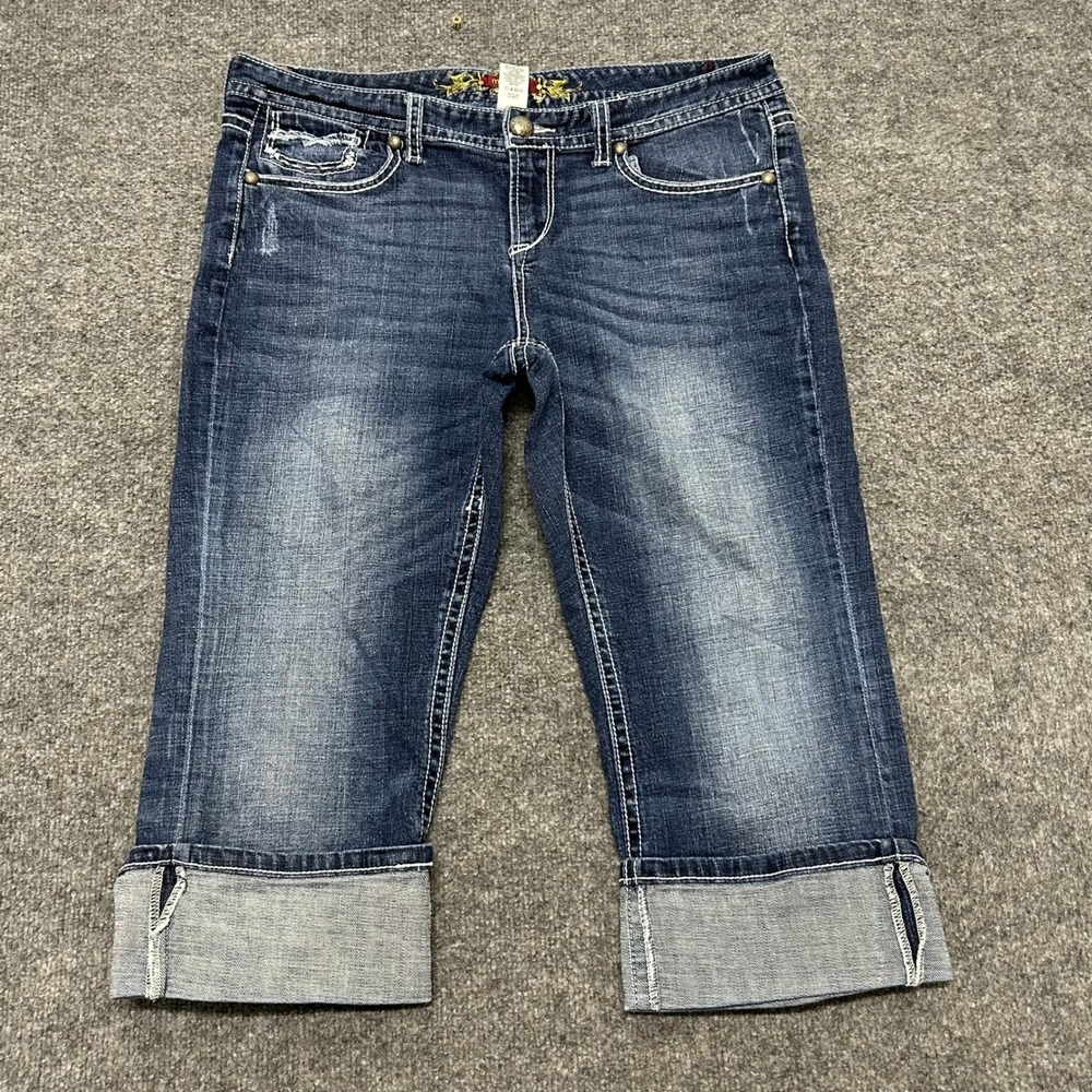 Mudd Capri Jeans Womens Size 13/14 Dark Wash Cuffed Distressed Y2K Denim Pants